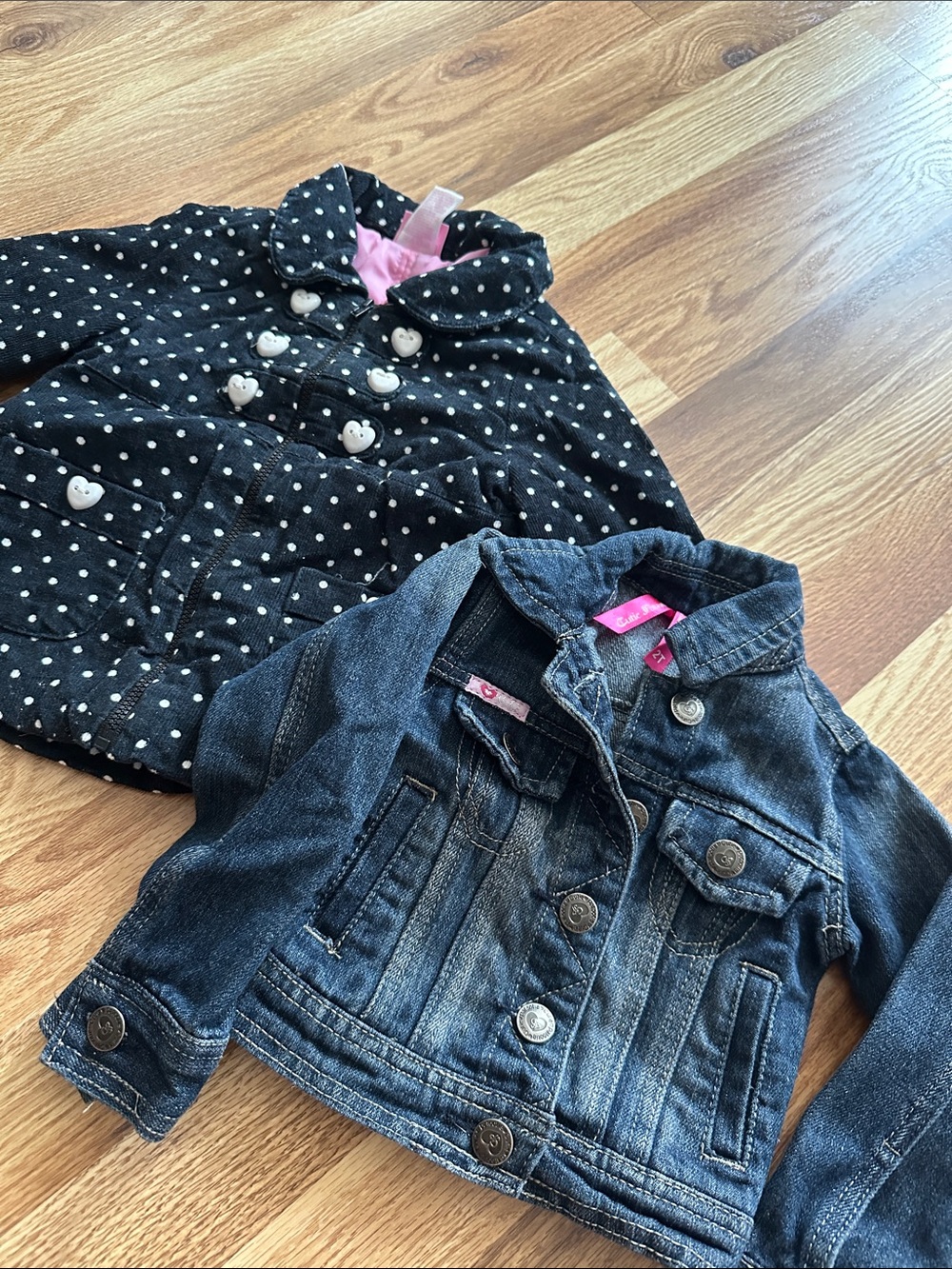Girls Black Polka Dot Hooded Coat & Dark Blue Denim Jacket Set - Baby/ Toddler
